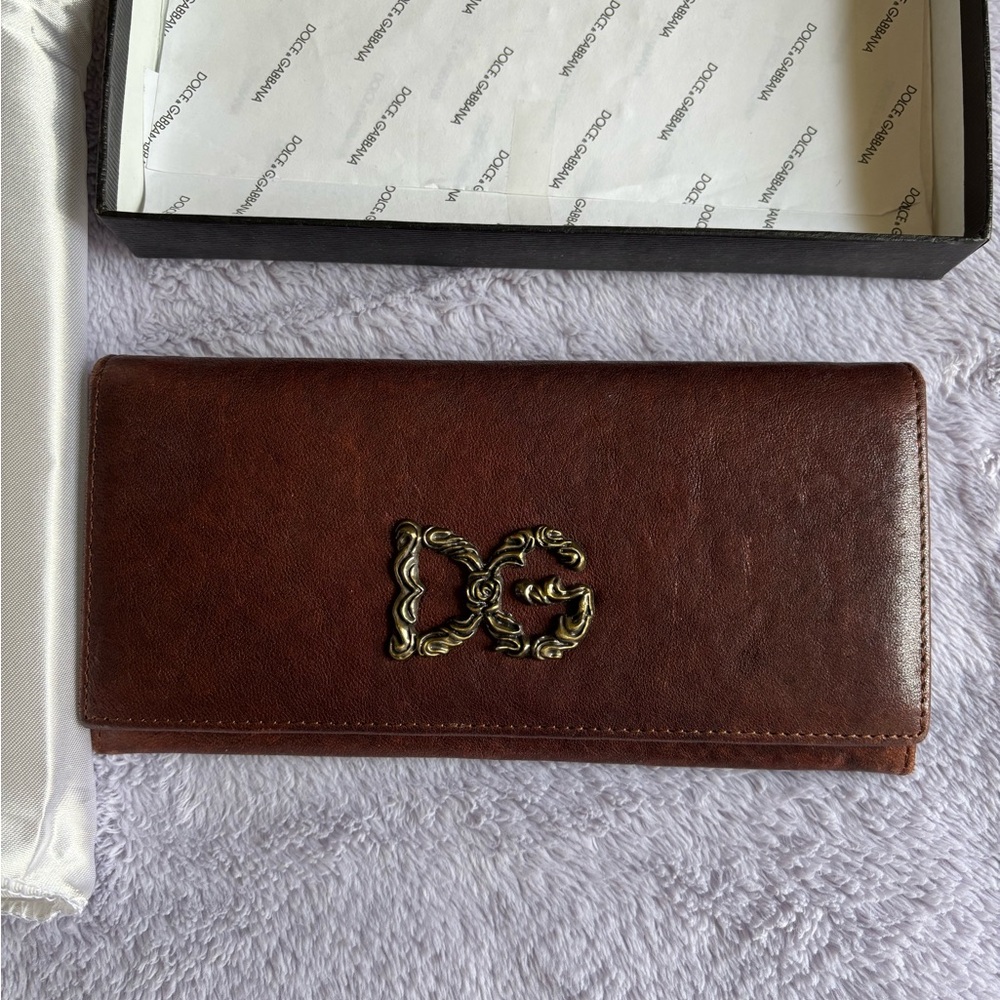 D&G Brown Leather Continental Wallet with Gold Snap